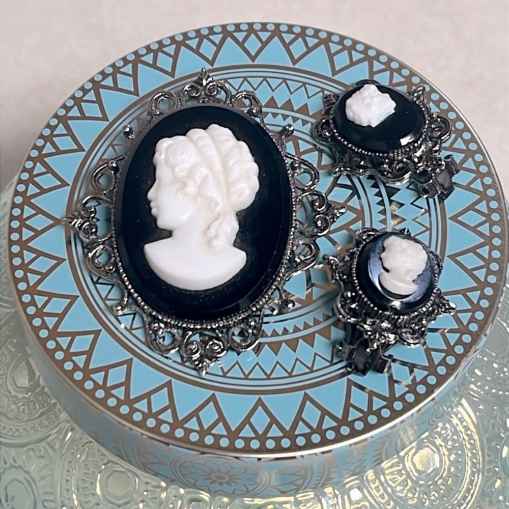 Vintage Set Black and White Cameo Necklace Clip on earrings Pendant
Brooch
